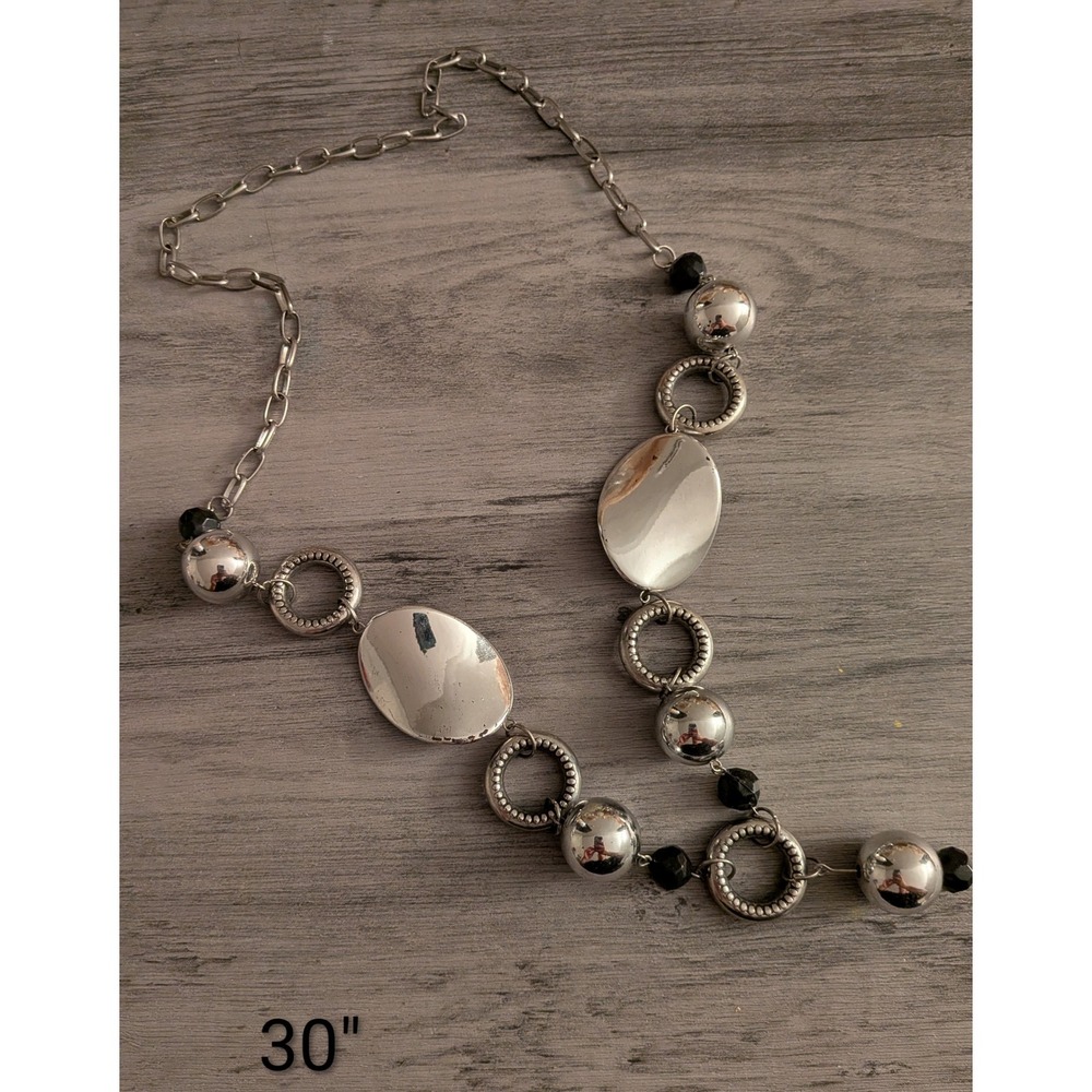 Silver Tone Statement Necklace Large‎ Oval Discs Spheres Textured Rings 30 Inch